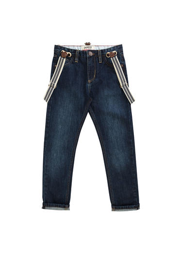 Tmavě modré džíny s kšandami